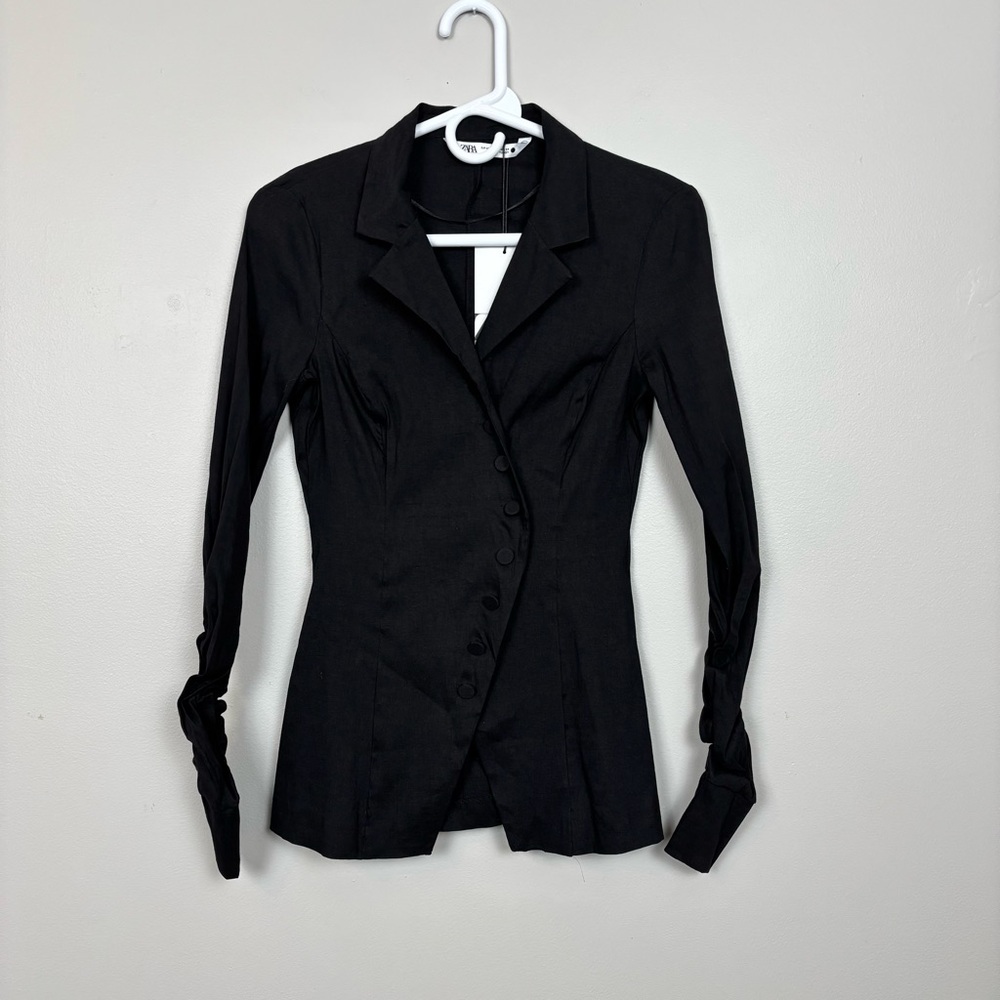 Zara Blazer Womens XS Black Lightweight Fitted Long Ruched Sleeves Button Front